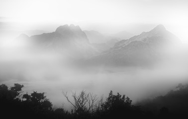  beautiful landscape of view of the misty slopes of the mountains in the distance. mist wave in the Morning misty.White-black tone