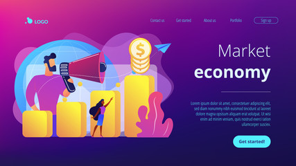 Economist with megaphone, economic growth column and market productivity chart. Economic development, world economy ranking, market economy concept. Website vibrant violet landing web page template.