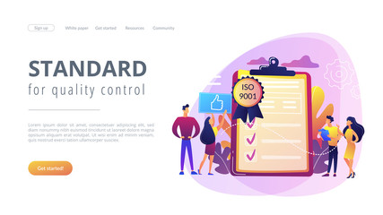 Tiny business people like standard for quality control. Standard for quality control, ISO 9001 standard, international certification concept. Website vibrant violet landing web page template.