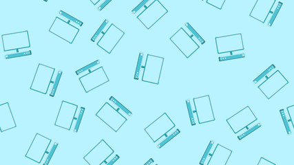 Seamless pattern texture of endless repetitive modern digital laptop computers with monitors on blue background. Vector illustration