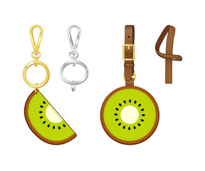 Kiwifruit Semicircular key chain/ bag charm, Kiwi printed tag with strap, vector illustration sketch template