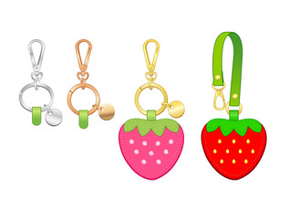 strawberry key chains/ bag charms set, strawberry tags with strap, vector illustration sketch template