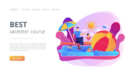 Coach teaching and children learning to swim in the pool in summer camp, tiny people. Swim camp, open water trainings, best swimmer course concept. Website homepage landing web page template.