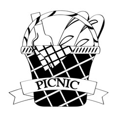 Picnic basket with bread and wine - Outline Vector