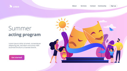 Obraz premium Kids with tutors enjoy acting on theater stage outside, tiny people. Theater camp, summer acting program, young actor courses concept. Website homepage landing web page template.