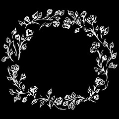 Wreath of roses or peonies flowers and branches isolated on black background. Foral frame design elements for invitations, greeting cards. Hand drawn vector illustration. Line art. Outline icon