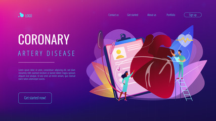 Doctor with stethoscope listening to huge heart beat. Ischemic heart disease, heart disease and coronary artery disease concept on white background. Website vibrant violet landing web page template.