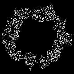Wreath of roses or peonies flowers and branches isolated on black background. Foral frame design elements for invitations, greeting cards. Hand drawn vector illustration. Line art. Outline set
