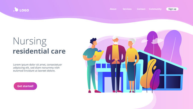 Skilled Nurse And Elderly People Getting Around-the-clock Nursing Care. Nursing Home, Nursing Residential Care, Physical Therapy Service Concept. Website Vibrant Violet Landing Web Page Template.