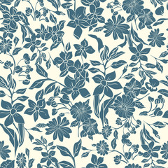 Seamless repeat pattern. Vector illustration of indigo and cream leaves, flowers, tulips and petunias.