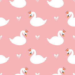 Cartoon cute swan seamless pattern, vector design for wrapping paper, textile, background fill design.