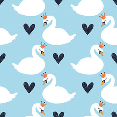 Cartoon cute swan seamless pattern, vector design for wrapping paper, textile, background fill design.