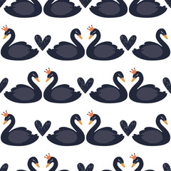 Black cartoon cute swan seamless pattern, vector design for wrapping paper, textile, background fill design..