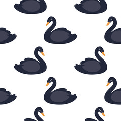 Black cartoon cute swan seamless pattern, vector design for wrapping paper, textile, background fill design..