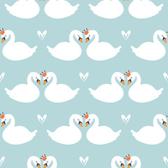 Cartoon cute swan seamless pattern, vector design for wrapping paper, textile, background fill design.