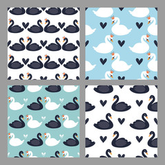 Set of cartoon cute swans seamless pattern, vector design for wrapping paper, textile, background fill design.