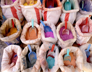 Multi colored dyes available in the street markets in Chefchaouen, Morocco