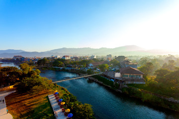 Fototapeta na wymiar Vanag Vieng City.02/05/2019.View of the Song River and Vang Vieng with the morning sun.Laos