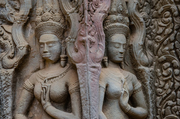 Apsara Decoration Detail of Ta Prohm Temple is The One Attractive Temple In Angkor Thom Area at Siem Reap Province, Cambodia.