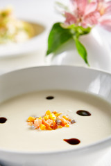 Macro Photo of Exquisite Serving White Cream Soup