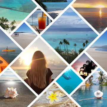 Collage of sunny tropical beach vacation travel photos
