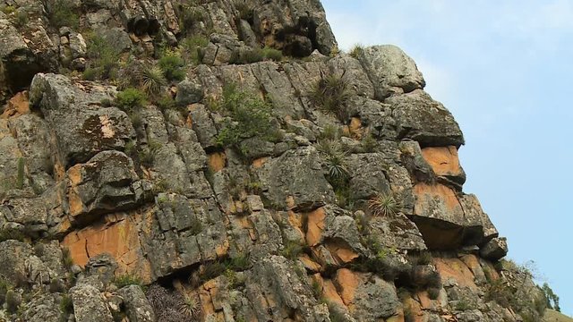 Steady, close up shot of layers of rock on a cliff.