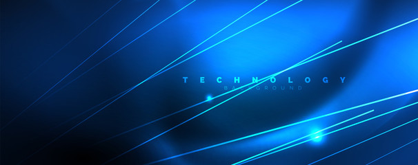 Neon blue glowing lines, magic energy space light concept, abstract background wallpaper design