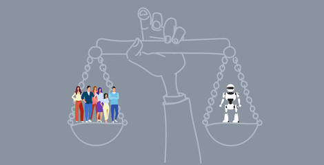 hand holding balance scales human vs robot competition concept artificial intelligence digital technology sketch doodle horizontal
