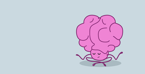 human brain sitting lotus pose doing yoga exercise relaxation meditation concept pink cartoon character kawaii style horizontal