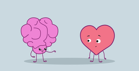 cute human brain and heart couple standing together logic and feel concept pink cartoon characters kawaii style horizontal