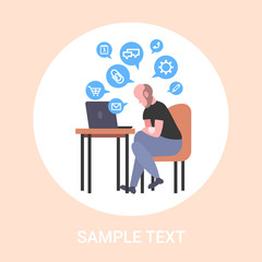 business man sitting workplace businessman using laptop social media network chat bubble online communication concept flat full length