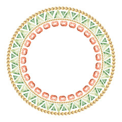 Round frame of precious multi-colored stones and crystals. Watercolor illustration on white background.
