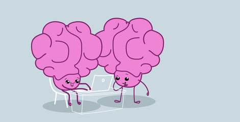 human brains couple sitting at workplace using laptop brainstorming successfull teamwork concept pink cartoon characters kawaii style horizontal