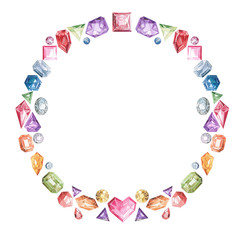 Frame of precious multi-colored stones and crystals. Watercolor illustration