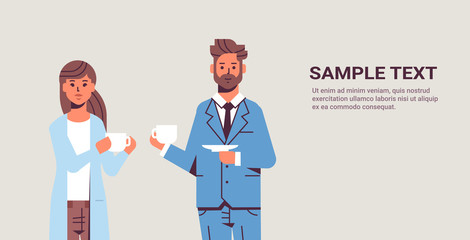 businesspeople couple drinking cappuccino during meeting business man woman discussing colleagues standing together coffee break concept flat copy space portrait horizontal