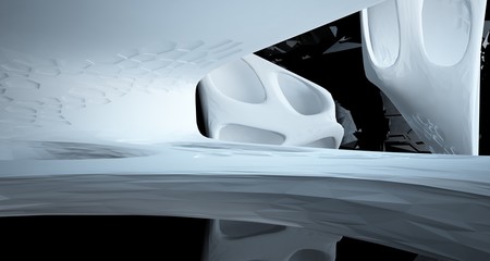 Abstract white and black interior multilevel public space with window. 3D illustration and rendering.