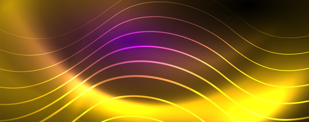 Shiny neon lights, dark abstract background with blurred magic neon light curved lines