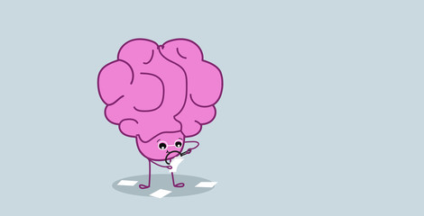 cute human brain holding magnifier zoom analyzing financial graph on paper documents brainstorming paperwork concept pink cartoon character kawaii style horizontal