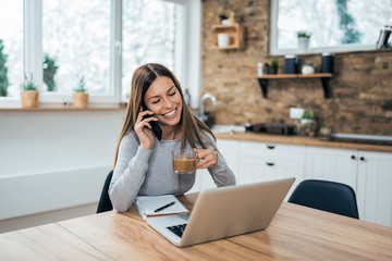 Girl talking on the phone an looking at laptop at home.