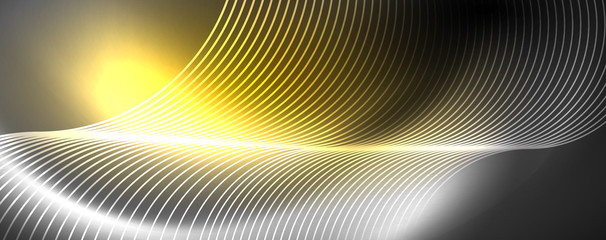 Shiny neon lights, dark abstract background with blurred magic neon light curved lines