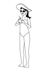 Young woman in swimsuit cartoon in black and white