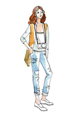 Cute travel girl with bag in hand drawn sketch style. Fashion vector illustration on background watercolor
