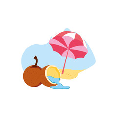 fresh coconut with half fruit in the beach and umbrella