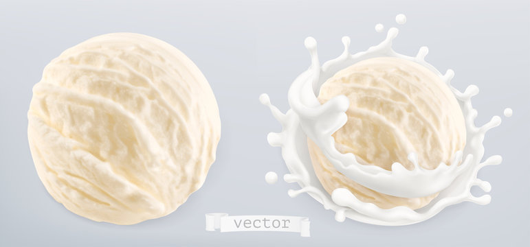 Ball of ice cream and splash of milk. 3d realistic vector
