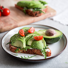 healthy breakfast with avocado and Delicious wholewheat toast. sliced avocado on toast bread with spices. Mexican cuisine