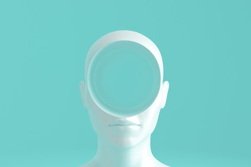 Concept art on education and problem solving. Porcelain female head with a round hole in it.3D illustration