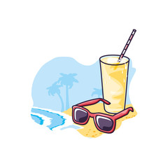 refresh juice in the beach with sunglasses