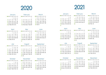 New year 2020 and 2021 vector calendar modern simple design with round san serif font,Holiday event planner,Week Starts Sunday.