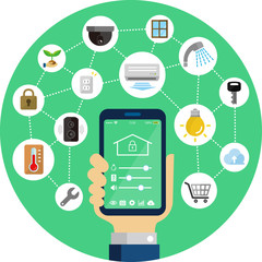 Smartphone app to control smart home (smart house) . Flat illustration holding a smartphone in hand (round shape). 