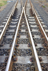 Fototapeta na wymiar Steel support rails with concrete sleepers strewn with gravel 